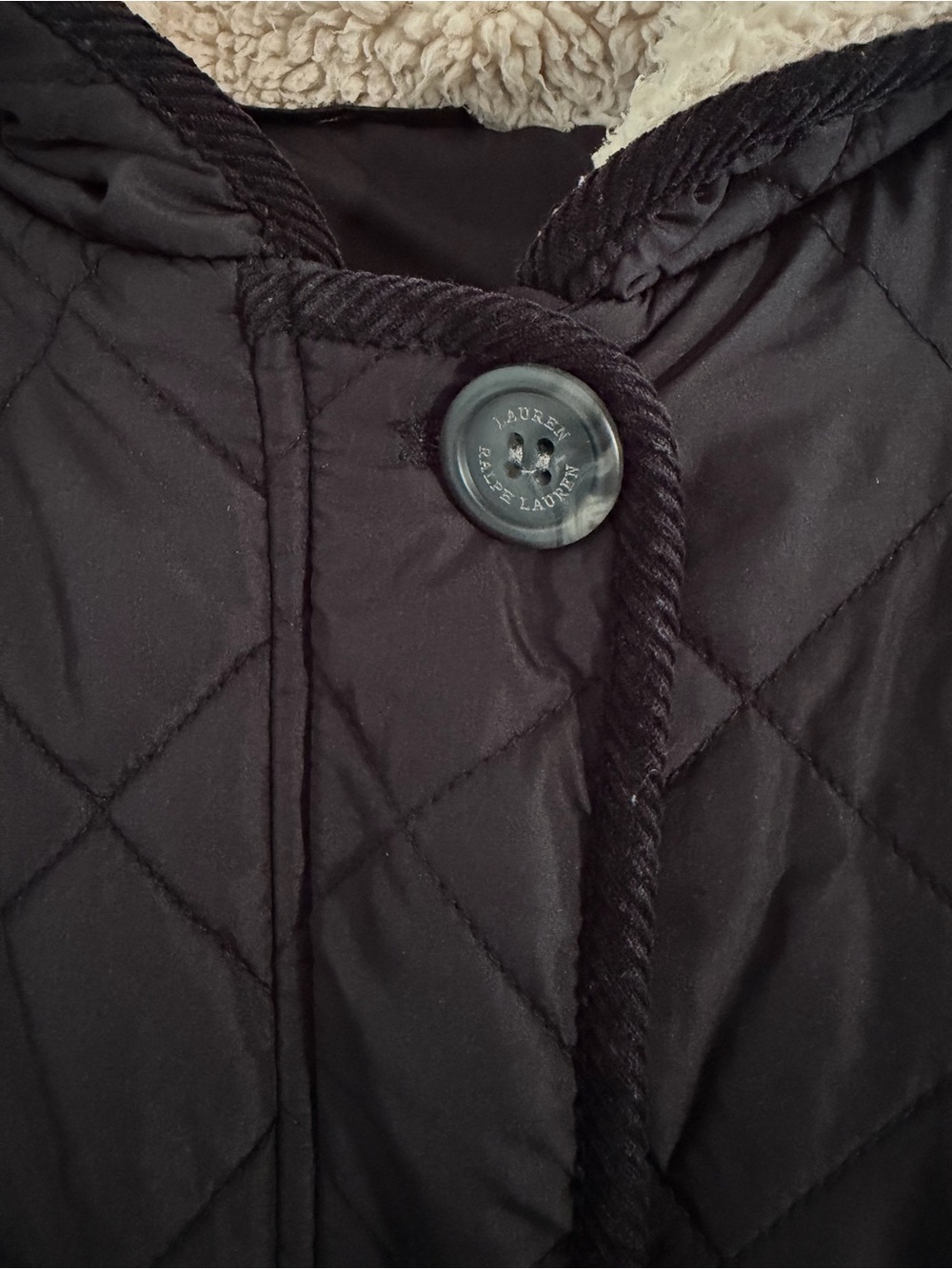 Lauren Ralph Lauren Women M Black Quilted Coat Faux Fur Hood Equestrian Lined - Picture 4 of 14